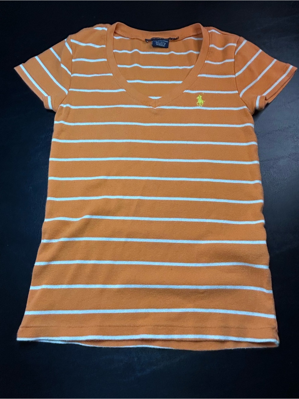 Vintage Y2K Ralph Lauren Sport Women’s S Orange Striped V-Neck T-Shirt Pony